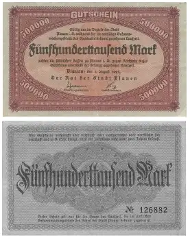 Plauen Vogtland Fünfhunderttausend Mark Gutschein 1. August 1923 Notgeld