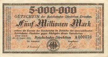 Dresden Reichbahndirektion Fünf Millionen Mark Gutschein 21. August 1923 Notgeld