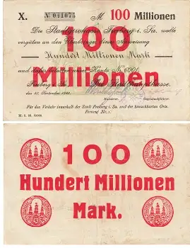Freiberg Sachsen Hundert Millionen Mark Gutschein 25. September 1923 Notgeld