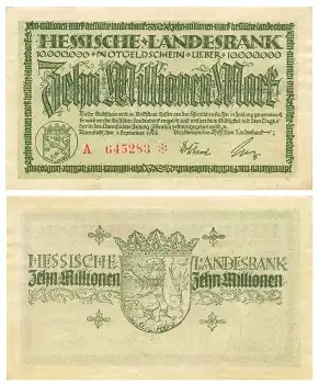 Hessische Landesbank Zehn Millionen Mark Gutschein Darmstadt 1. September 1923 Notgeld