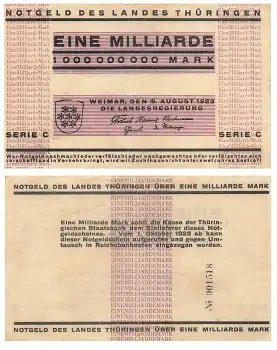 Thüringen Eine Milliarde Mark Weimar 9. August 1923 Notgeld
