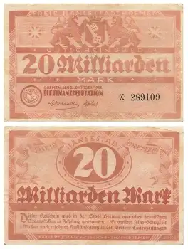 Bremen 20 Milliarden Mark 23. Oktober 1923 Notgeld
