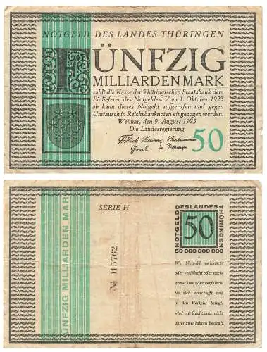 Thüringen Fünfzig Milliarden Mark Weimar 9. August 1923 Notgeld