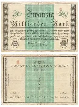 Thüringen Zwanzig Milliarden Mark Weimar 9. August 1923 Notgeld