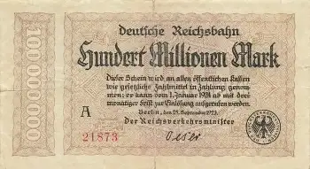 Deutsche Reichsbahn Hundert Millionen Mark 25. September 1923 Notgeld