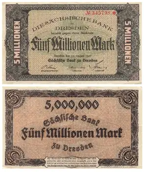Dresden Sächsische Bank Fünf Millionen Mark 12. August 1923 Notgeld