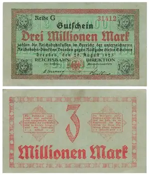 Dresden Reichsbahn Direktion Drei Millionen Mark Gutschein 20. August 1923 Notgeld