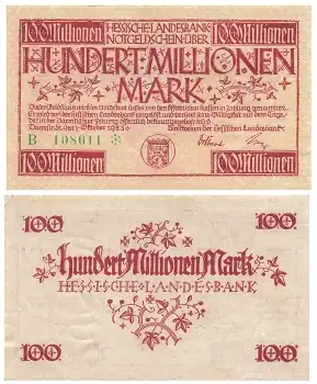 Hessische Landesbank Hundert Millionen Mark Gutschein Darmstadt 1. Oktober 1923 Notgeld