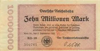 Deutsche Reichsbahn Zehn Millionen Mark 31. Dezember 1923 Notgeld