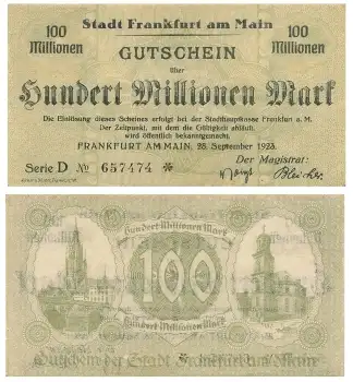 Frankfurt Main Hundert Millionen Mark Gutschein 28. September 1923 Notgeld