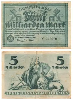 Bremen Fünf Milliarden Mark 1923 Notgeld