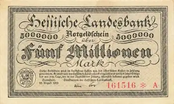 Hessische Landesbank Fünf Millionen Mark Darmstadt 22. August 1923 Notgeld