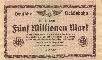 Deutsche Reichsbahn Fünf Millionen Mark 1923 Notgeld
