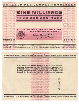 Thüringen Eine Milliarden Mark Weimar 9. August 1923 Notgeld