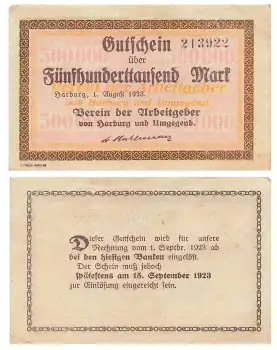 Harburg Verein der Arbeitgeber Fünfhunderttausend Mark Gutschein 1923 Notgeld