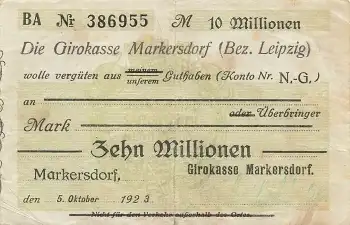 Markersdorf Bez. Leipzig Zehn Millionen Mark Scheck 1923 Notgeld