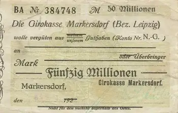 Markersdorf Bez. Leipzig Fünfzig Millionen Mark Scheck 1923 Notgeld