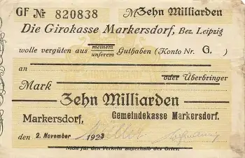 Markersdorf Bez. Leipzig Zehn Milliarden Mark Scheck 1923 Notgeld