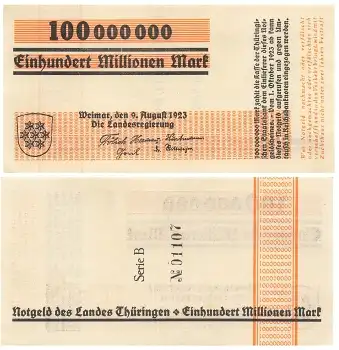 Thüringen Einhundert Millionen Mark Weimar 9. August 1923 Notgeld bankfrisch