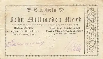 Waldenburg Schlesien Bergwerks Direktion Zehn Milliarden Mark Gutschein 1923 Notgeld