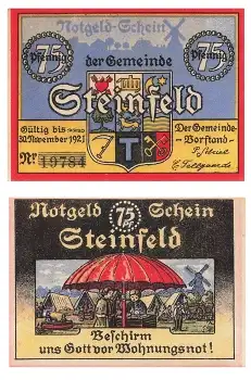 Steinfeld Schleswig 75 Fünfundsiebzig Pfennig Schirm 1921 Notgeld