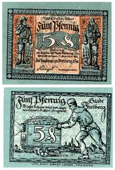 Freiberg Sachsen 5 Pfennig Notgeld 1920 Bergbau blau