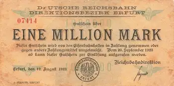 Erfurt Deutsche Reichsbahn Eine Million Mark Gutschein 1923 Notgeld