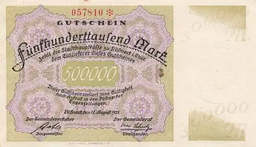 Pößneck Fünfhunderttausend Mark Gutschein 1923 Notgeld