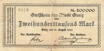 Greiz Zweihunderttausend Mark Gutschein 1923 Notgeld