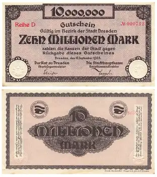 Dresden Zehn Millionen Mark Gutschein 1923 Notgeld