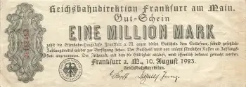 Frankfurt Main Reichsbahndirektion Eine Million Mark Gutschein 1923 Notgeld