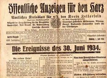 Zellerfeld Harz Kreisblatt  vom 1. Juli 1934 über den SA Putsch