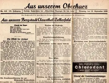 Oberharz Tageszeitung 12. Septemberr 1939