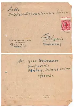 AM Post Michel 8 Oberrand Einzelfrankatur auf Brief von Bamberg nach Schwerin o 16.2.1946