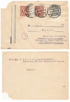AM Post 2 x Michel 22 auf Brief o Osnabrück 8.5.1946 nach Schwerin
