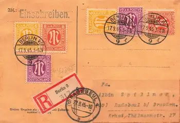 AM Post je 2 x Michel 4 5 7 auf Einschreiben o Berlin 17.9.1945 nach Radebeul