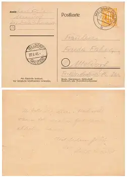 AM Post Michel 4 6 Pfennig Einzelfrankatur auf Ortskarte o Meldorf (Holst) 7.7.1945