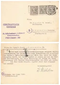 AM Post Michel 2  Mehrfachfrankatur 4 Pfennig auf Karte o Lübeck 3.5.1946 nach Schwerin