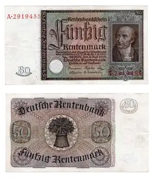 50 Rentenmark Rentenbankschein Freiherr vom Stein 6. 7 1934 fast Bankfrisch RO165