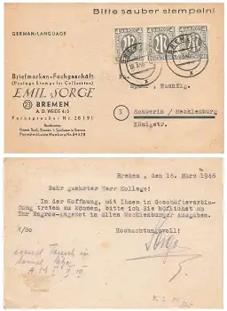 AM Post Michel 2 Waagerechter 3er streifen 4 Pfennig auf Karte o Bremen 18.3.1946 nach Schwerin