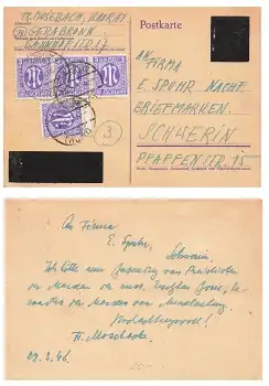 Hitler Kopf Ganzsache Schwärzung mit AM Post 3 Pfennig o Gerabronn 25.3.1946 nach Schwerin