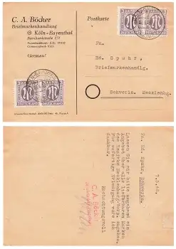 AM Post 3 Pfennig Michel 17 2 waagerechte Paare auf Karte o Köln Bayenthal 8.5.1946 nach Schwerin