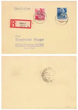Rheinland-Pfalz 45 und 75 Pfennig auf Einschreiben o Mainz 1 18.7.1947 nach Bad Blankenburg