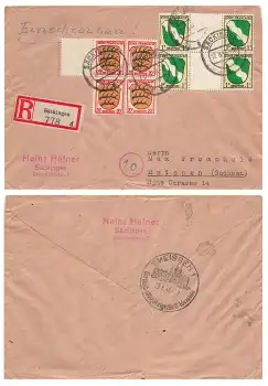 Zone Francaise Michel 1 und 8 mit Zwischensteg auf R-Brief o Säckingen 17.8.1946 nach Meissen
