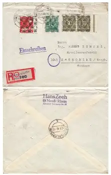 Alliierte Besetzung Netzaufdruck mit 2x Michel 63 II auf R-Brief Düsseldorf Heerdt 24.8.1948 nach Zschorlau