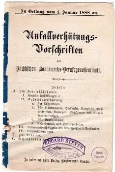 Unfallverhütungs-Vorschirften 8 Seiten 1888 der Sächsischen Baugewerks Berufsgenossenschaft