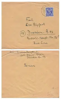 AM Post 25 Pfennig Michel 9 Einzelfrankatur auf Brief o Neuss 15.8.1946 nach Dresden