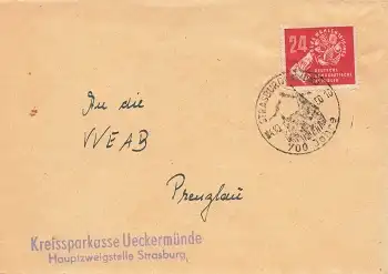 DDR Michel 275 Einzelfrankatur o Strasburg 4.10.1950 nach Prenzlau