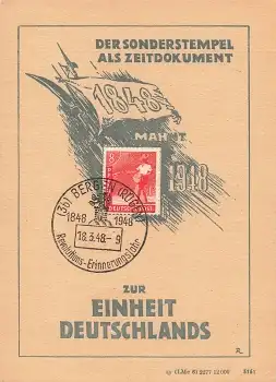 zur Einheit Deutschlands Anlasskarte 1948 Sonderstempel Bergen Rügen 18.3.1948