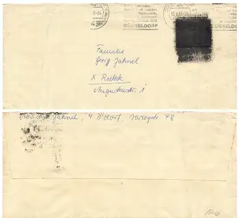 Postkrieg Schwärzung Michel 215 o Düsseldorf 1 15.8.1955 nach Rostock